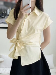 DAZY Women's Solid Color Loose Turndown Collar Short Sleeve Blouse, Yellow, Spring/Summer - Yellow - View 6