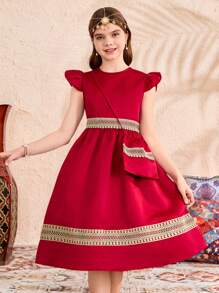 2pcs/Set Tween Girls Cap Sleeve Satin Dress With Gold Lace Trim & Matching Bag, Style For Spring & Summer,Holiday Summer Travel - Burgundy - View 1