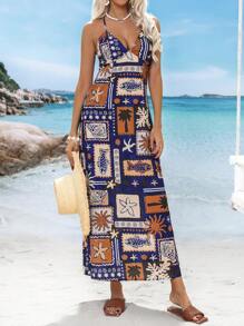 SHEIN VCAY Woven Print Backless Women Long Dress