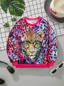 SHEIN 女童豹纹圆领长袖卫衣，舒适宽松休闲套头衫，时尚可爱，适合秋冬季家庭穿着 - 彩色 - 查看 1