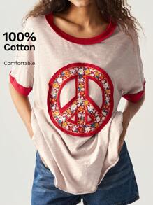 Bohemela Vakantie Stijl Colorblock Geborduurd Ronde Hals Korte Mouw Losse Fit T-shirt Voor Vrouwen