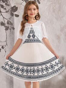 SHEIN Tween-Mädchen 2-teiliges Set mit kurzärmligem Crop-Top Unifarben und ärmellosem Kleid mit geometrischem Print - Weiss - Übersicht 1