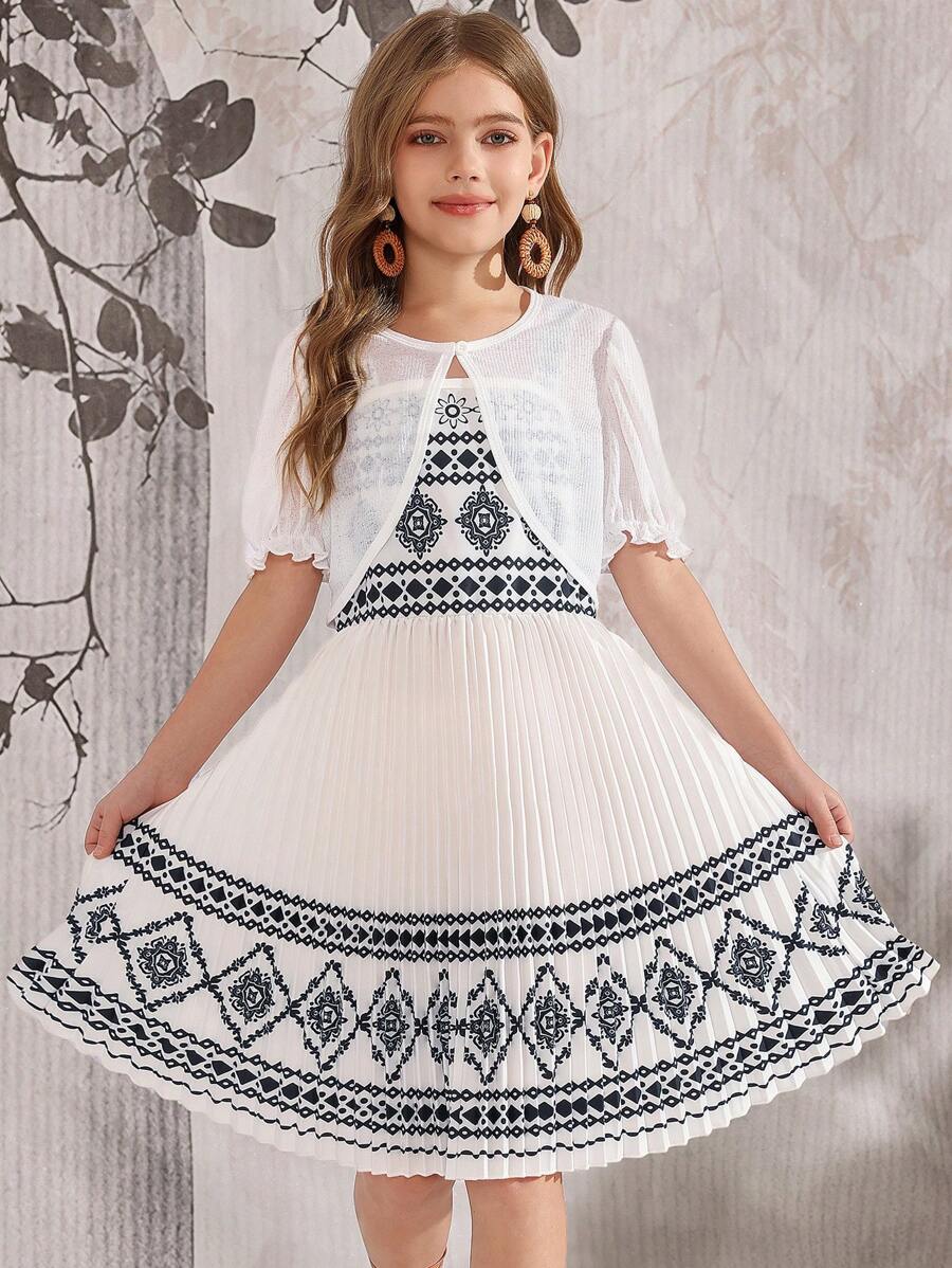 SHEIN Tween-Mädchen 2-teiliges Set mit kurzärmligem Crop-Top Unifarben und ärmellosem Kleid mit geometrischem Print - Weiss - Übersicht 1