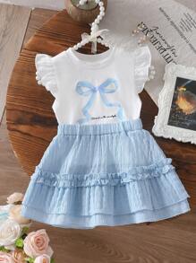 Infant Girl Korean Style Cute Butterfly Print Knit Ruffle Blouse And Woven Textured Skirt Set, Summer - Multicolor - View 2