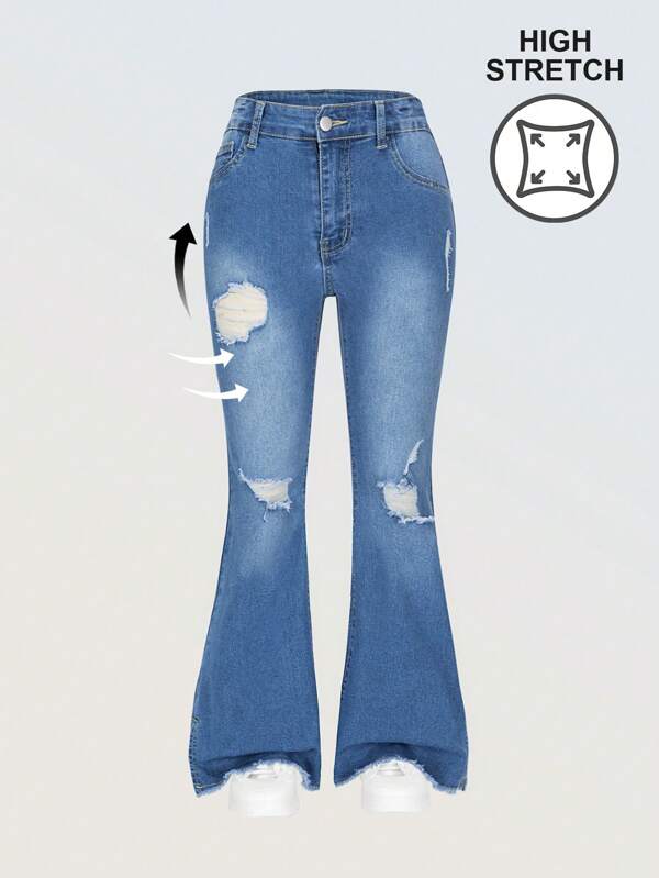 SHEIN Tween Girls Casual Versatile Outdoor School Fashion Ripped Distressed Denim Jeans, Elastic Waist Zipper Front Frayed Hem Flared Flared Washed Jeans