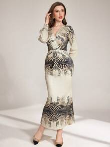 Modelyn Leopard Print Tight Fitted Sexy Long Sleeve Bodycon Dress For Women - Apricot - View 3