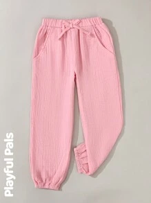 Pantalones casuales lisos de cintura elástica con bolsillo para niñas, para uso diario - Rosa - Ver 6