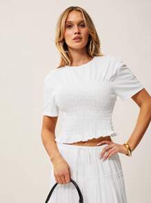 SHEIN Essnce Boho White Tight-Fitting Waisted Short-Sleeved T-Shirt Women's Solid Color Short Sleeve T-Shirt, Minimalist Fashion Casual For Everyday Wear