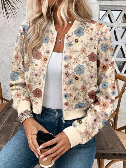 SHEIN LUNE Floral Print Zip-Up Women Short Baseball Jacket, Spring Autumn Fall Winter Cloth For Women