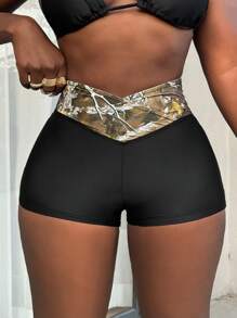 BamGleam Women Dry Leaf Print Waist Patchwork Beach Shorts, For Summer Vacation - Black - View 1