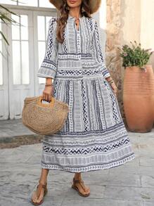 EMERY ROSE Women's Geometric Print Flare Sleeve Dress For Holiday