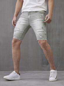Manfinity Homme Men's Casual Plain Ripped Pocket Denim Shorts - Grey - View 7