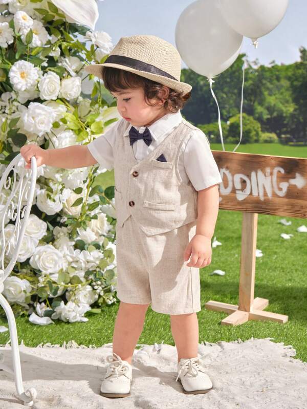 3pcs/Set Baby Boys/Girls Casual Gentleman Shirt, Vest And Elastic Waist Shorts Outfit Suit, Suitable For Spring/Summer, Appropriate For Birthday Party, Baptism, First Birthday, Ceremony, Wedding Guest, Pageboy, Ring Bearer