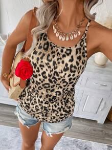 SHEIN LUNE Casual Leopard Print Round Neck Strap Camisole Tank Top, Spring/Summer Boho Women Clothing Vacation Western Wear Women