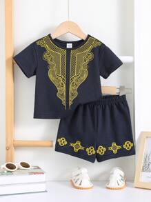 SHEIN 2pcs/Set Baby Boys Casual Traditional Pattern Round Neck Short Sleeve Top & Pants & Hat Set, Suitable For Spring/Summer Home, Outing, Party Wear - Royal Blue - View 10