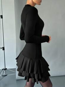 SHEIN Essnce Ladies Casual Elegant Solid Color Ruffled Hem Slim Fit Mini Dress Bubble Girl Black Lantern Dress Hem Dress /Flower Bud Hem/Ruffle/Birthday Outfit/Bubble Christmas Party Dress New Year Eve Dress Holiday Dress