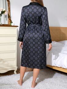 Bata elegante para mujer con estampado floral, manga larga y cintura anudada