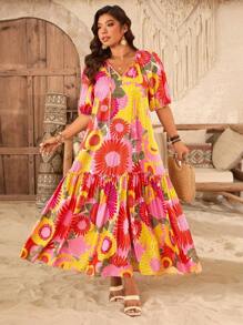 SHEIN Clasi Đầm Maxi In Tua Rua Tay Vai Rộng Viền Vá Nhiều Màu Cho Kỳ Nghỉ Mùa Hè Bãi Biển Size Lớn - Nhiều màu - Xem 7