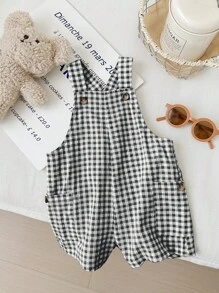 SHEIN LMoss Kids LMoss Newborn Baby Boy/Girl Summer Versatile Cute Plaid Pattern Jumpsuit With Overalls