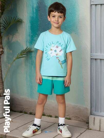 SHEIN 2pcs/Set Toddler Boys Letter & Star Print Short Sleeve T-Shirt With Contrast Color Shorts Set