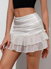 Chiquease Playful & Cute Ruffled Low Waist Flounce Hem A-Line Mini Skirt For Women - Apricot - View 6