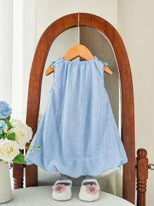 Souflis Souflis Abito azzurro acqua elegante e casual da ragazza, 0-3 anni, in chiffon super morbido, senza maniche, con fiocco - Blu - Visualizzare 2
