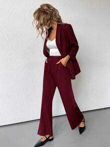 SHEIN BIZwear Solid Color Elegant OL Office Workwear Side Tie Design Flare Pants Suit  - Red - View 5