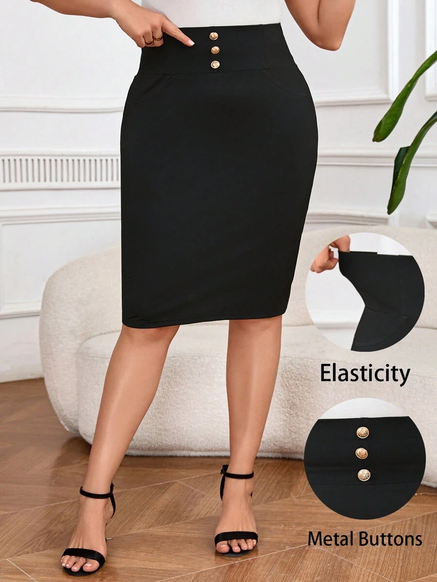 SHEIN Clasi Váy thun đen lưng cao đính nút kim loại trang trí cỡ lớn cho nữ - màu đen - Xem 1
