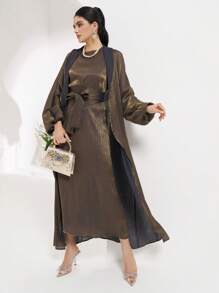 Al Najma 女士撞色金属灯笼袖阿拉伯长袍，端庄长袍 - 金色 - 查看 6