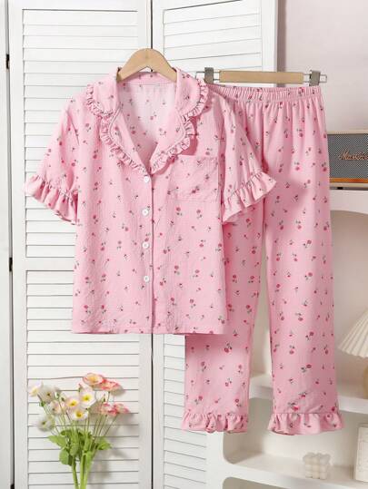 Set de 2 piezas de parte superior de manga corta y manga larga con estampado floral de estilo elegante y simple para adolescentes, conjunto de ropa cómoda para estar en casa