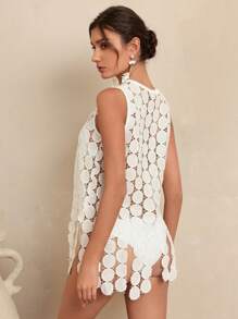 SHEIN Swim Women's Solid White Hollow Wave Trim Asymmetrical Tassel Hem Round Neck Sleeveless Dress Cover-Up, Romantic & Elegant For Festival, Beach, Holiday - White - View 2
