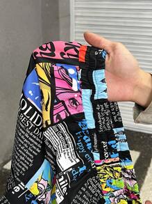 Muchica Pantalones cargo de talla grande con estampado de dibujos animados, cintura con cordón y múltiples bolsillos con pliegues - Negro - Ver 6