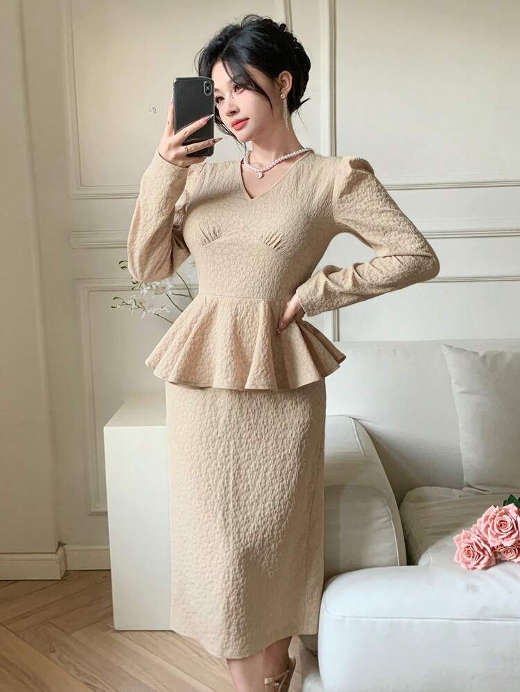 Solid Color V-Neck Ruffle Hem Mid-Length Dress For Women Prom Dress,Fall Dress Long Sleeve Dress Elegant Women Dresses Maxi Dress