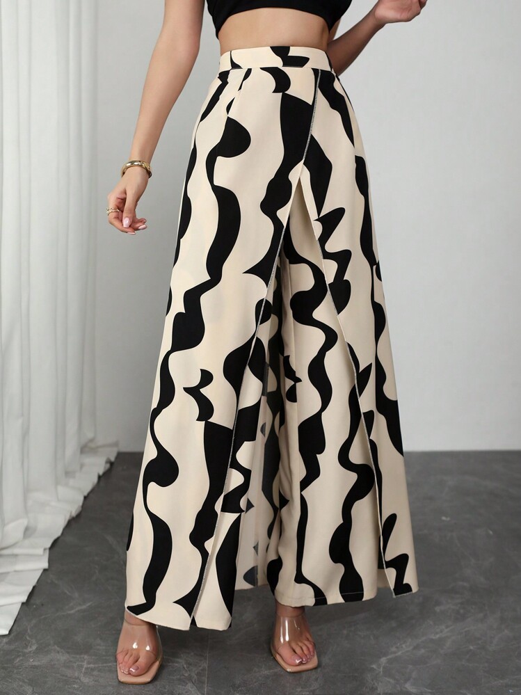 SHEIN Clasi 女士百搭几何印花前后裹身阔腿裤 - 杏色 - 查看 3