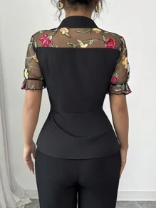 Elenzga Floral Embroidered Mesh Panel Short Sleeve Shirt - Black - View 2