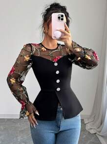 Elenzga Blusa con inserto de malla y bordado de rosa negra para mujeres