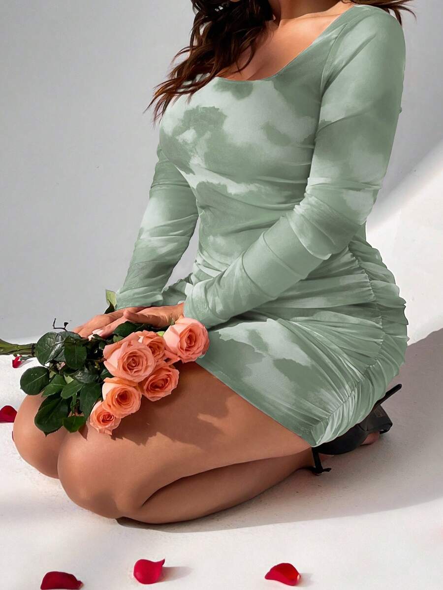 SHEIN Privé Plus Size Elegant College Style Unique Ombre Watercolor Print Mesh Sexy Bodycon Long Sleeve Dress For Date