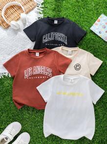 Compra 2 y llévate 1 gratis. Paquete de 3 camisetas de niño casual y deportivo con estampado de texto, un conjunto eficiente de gran valor adecuado para niños para volver al colegio, fiestas, eventos, diario, escuela y viajes en primavera y verano