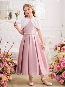 SHEIN 青少年女孩优雅撞色拼接工字背设计立领连衣裙 - 粉色 - 查看 10