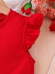 SHEIN Young Girl Solid Red Round Neck Fitted T-Shirt With Cap Sleeves, Suitable For Valentine's Day, Princess , Daily Wear, Vacation, Party - Red - View 3