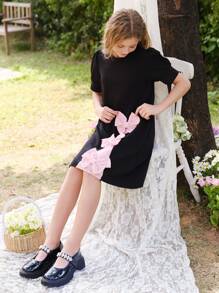 SHEIN Tween Girls' Knitted 3D Bow Puff Sleeve A-Line Dress, Sweet Elegant Style - Black - View 5