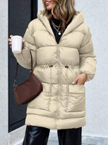 EURMUSE Flap Pocket Drawstring Waist Hooded Puffer Coat - Beige - View 4