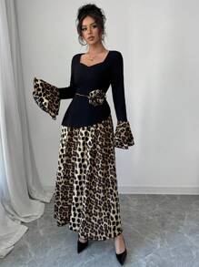 Modelyn Women's Woven Contrast Paneled Leopard Print Cinched Waist Dress - Black - View 4