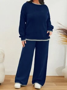 EURMUSE Color Block Edged Long Sleeve Sweater And Knitted Pants Two Piece Set - Navy Blue - View 7