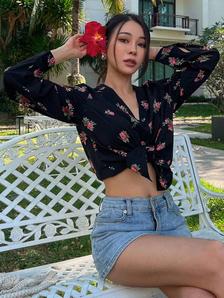 All-Over Floral Print Loose Long Sleeve Lapel Blouse, Vacation Casual Top For Women, Spring & Summer