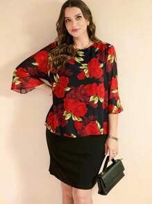 SHEIN Clasi طقم تنورة ولباس علوي شيفون مطبوعة بورود، أنيق للمقاسات الكبيرة، ربيعي/صيفي رومانسي - متعدد الألوان - مشاهدة 3