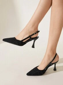 CUCCOO CHICEST Fashion Black Thick Tweed Backstrap Pointed Toe High Heel Pumps, Suitable For Commuting, Dates, Gatherings, Parties, Holidays, Weddings - Black - View 4