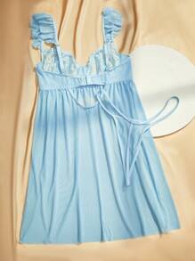 Charlaine ثوب نوم نسائي مثير (مع حمالة صدر + قطع دانتيل) - أزرق فاتح اللون - مشاهدة 2