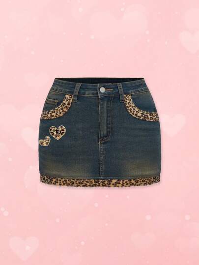 Grunge Punk Y2K Gyaru Retro 'Baddie' Style Patchwork Furry Leopard Print Heart Mini Denim Skirt, For Valentine's Day