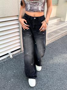SHEIN Teens/Teen Girl Sparkly Rhinestone Embellished Loose Wide-Leg Blue Denim Pants